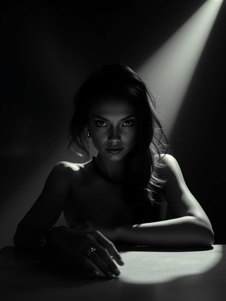 close up dark beautiful woman film noir sitting at a table i...