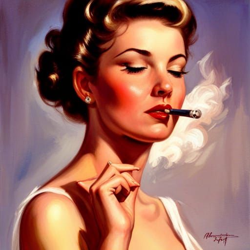 Vintage Pinup Woman Smoking in Elvgren Style