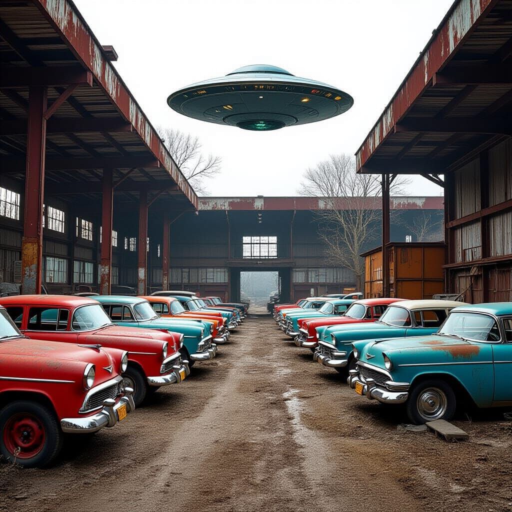 UFO Sighting in a Dusty Car Scrapyard