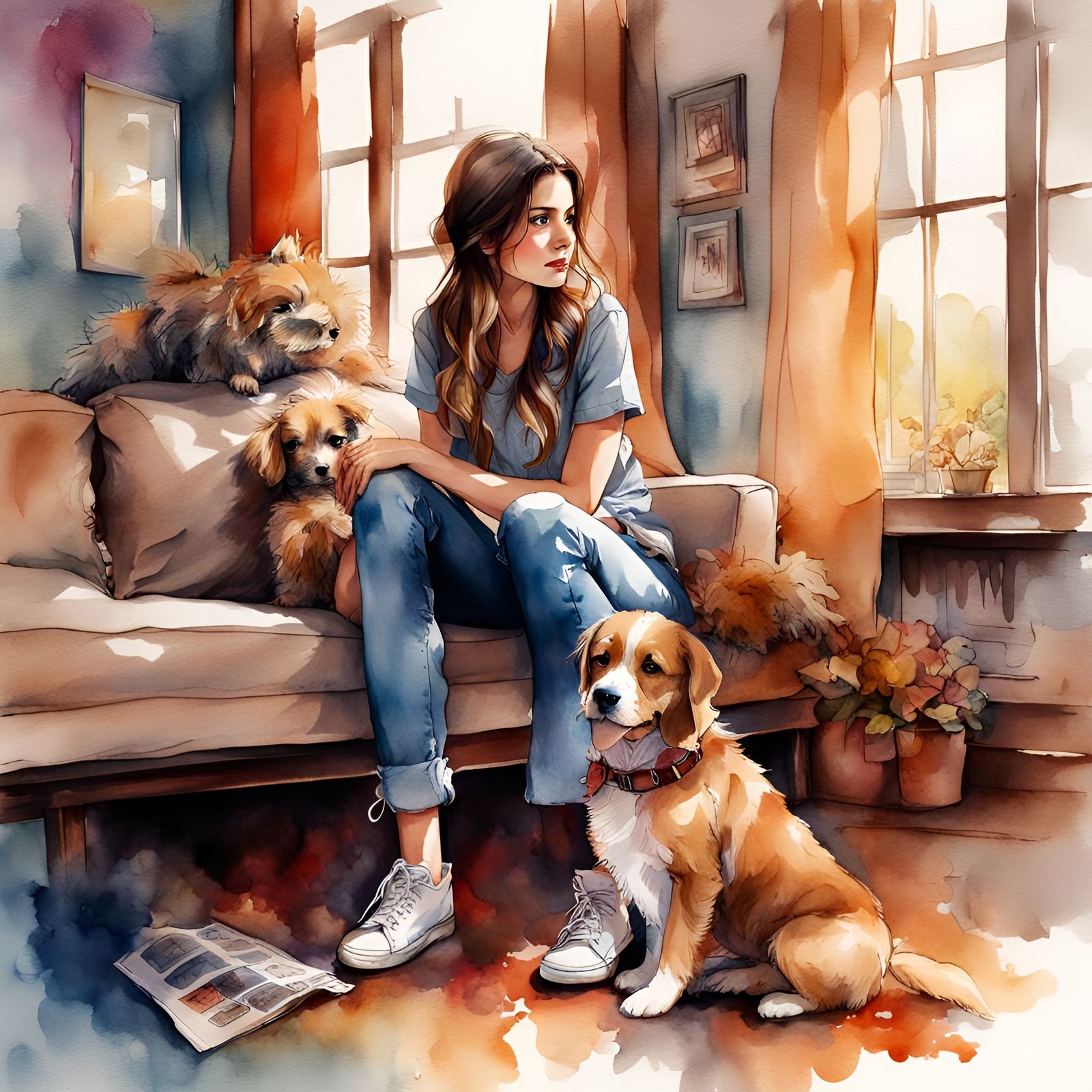 Watercolor Art: Woman and Puppy in New Home