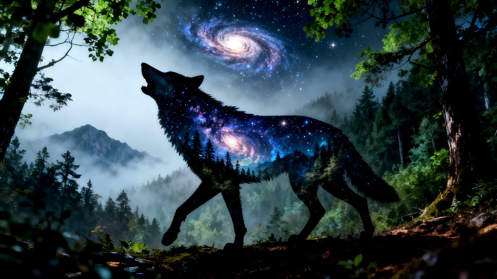 Wolf Silhouette Filled With Cosmic Forest