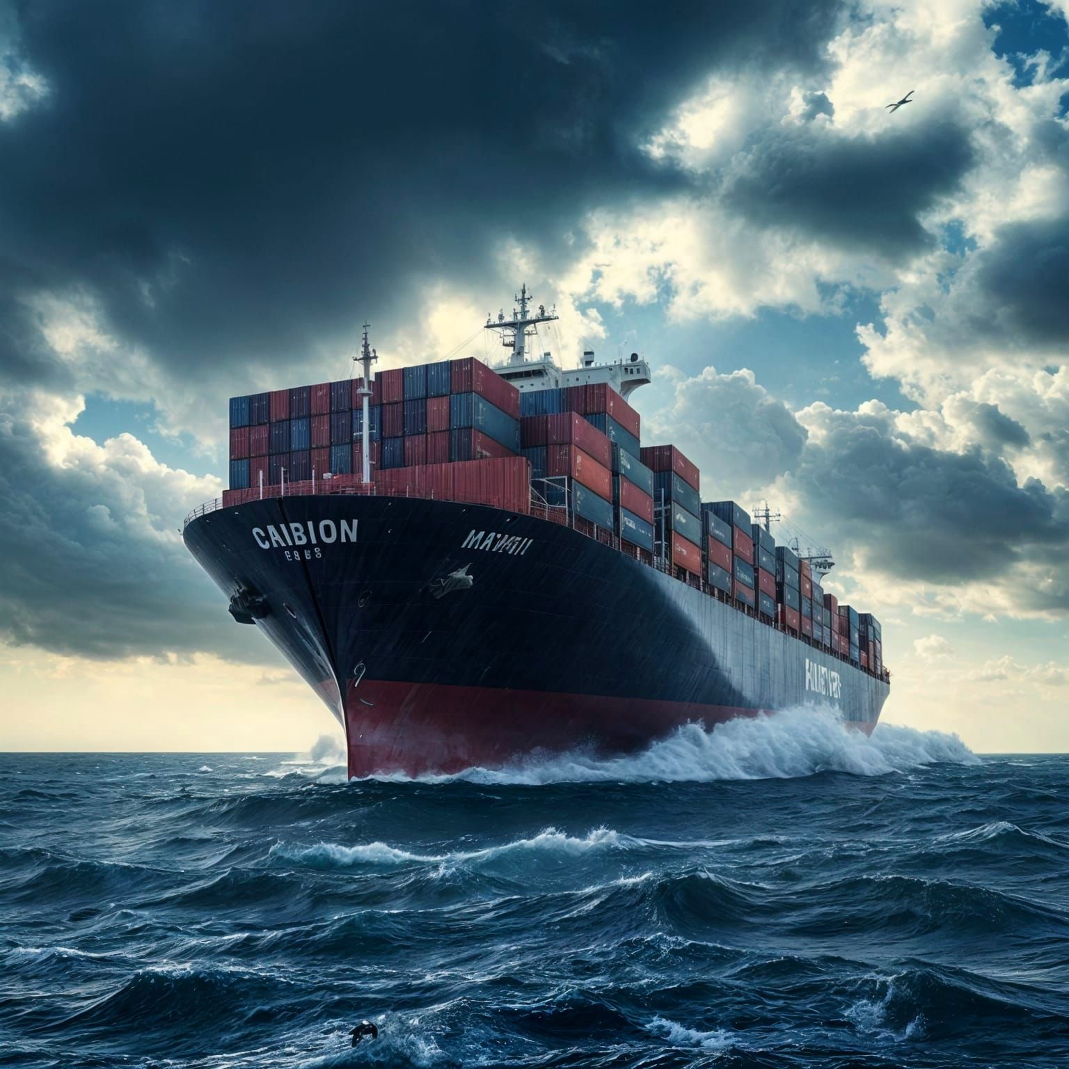 Surreal Cargo Ship Battles Turbulent Storm