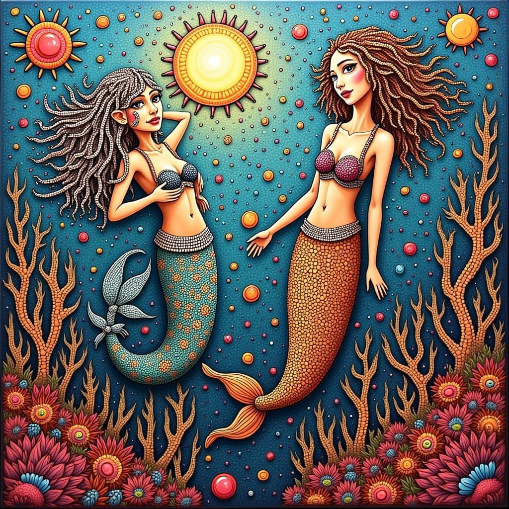 Folk Art Merpeople in Surreal Underwater Scene