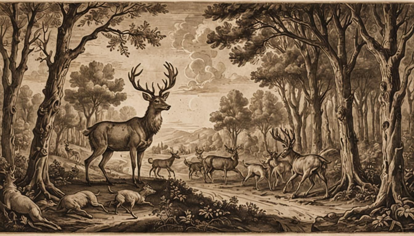 Artemis Hunting Etching in Sepia Tone