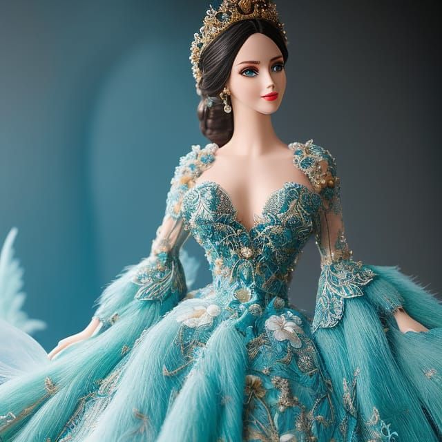 Elegant Lady in Flowing Teal Dress, Hyper-Detailed