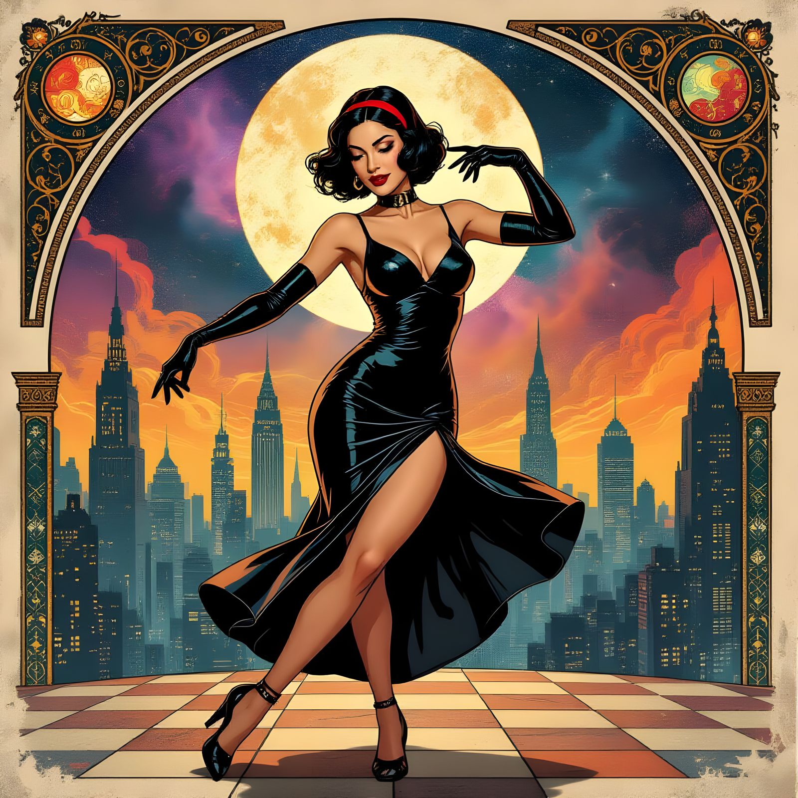 Android Salsa Dance in Sci-Fi Metropolis: Vintage Comic Art