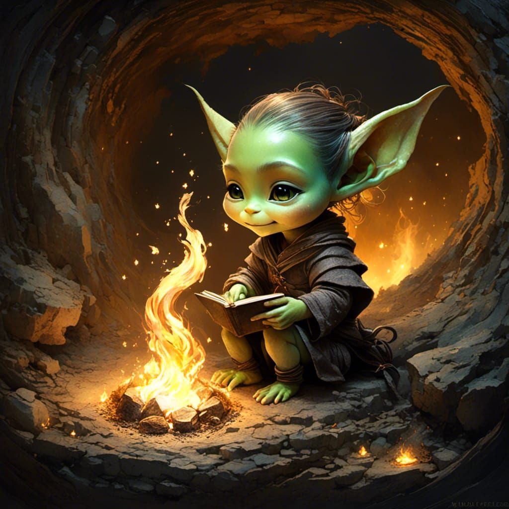 Chibi Goblin Casting Fire Magic in Cozy Cave