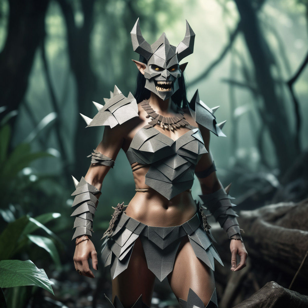 A female barbarian ghoul wearing ancient bikini armor and sharp teeth, found in an old jungle swamp.
