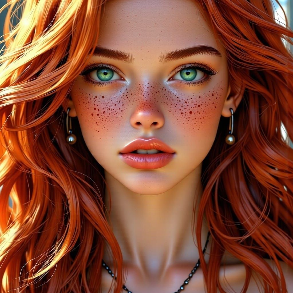 Redhead Woman With Glasses Smiling, Hair in Wind