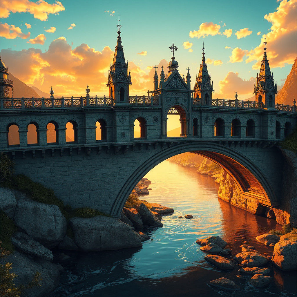 Majestic Stone Bridge at Sunset: Fantasy Concept Art