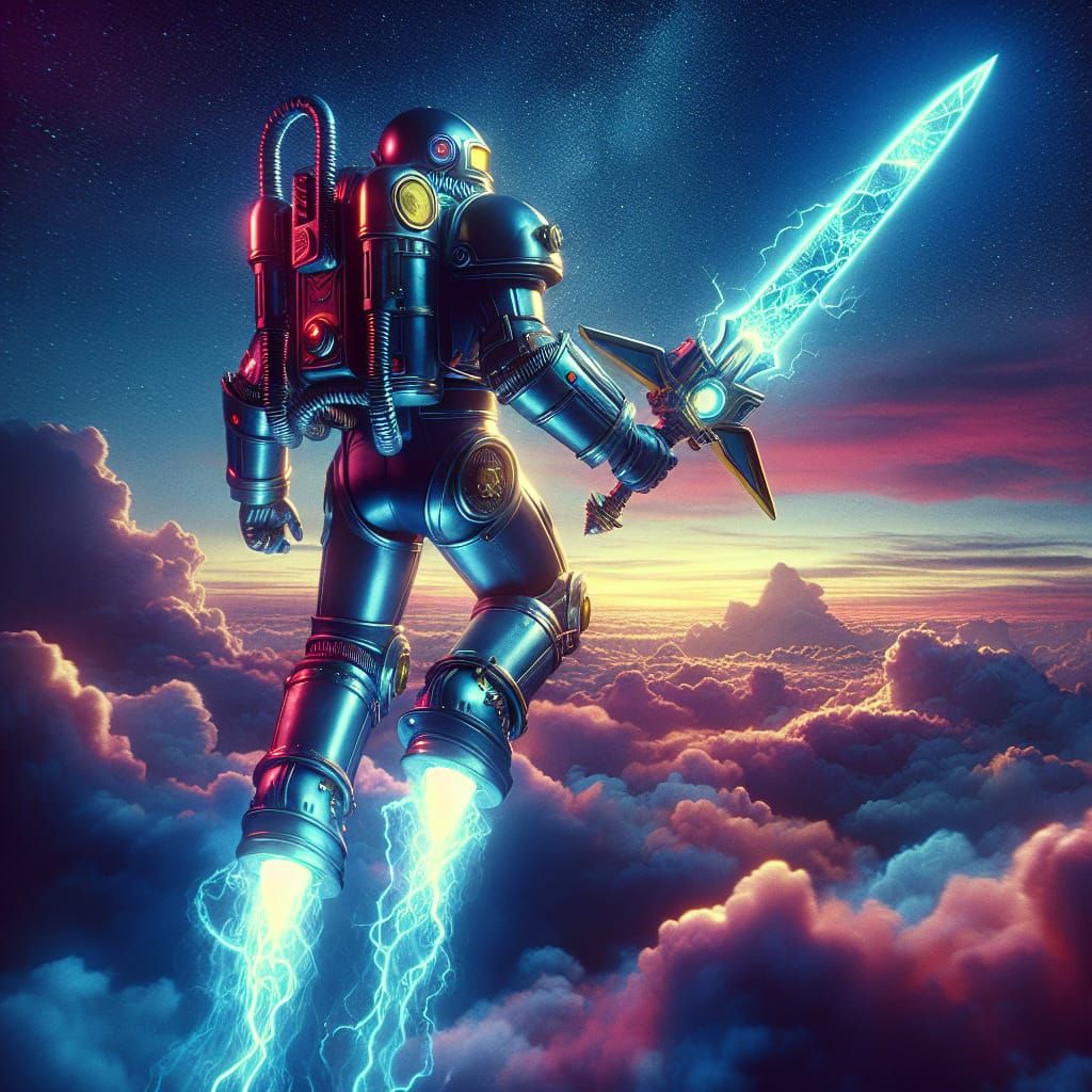 Retrofuturistic Power Armor Soaring with Lightning Sword