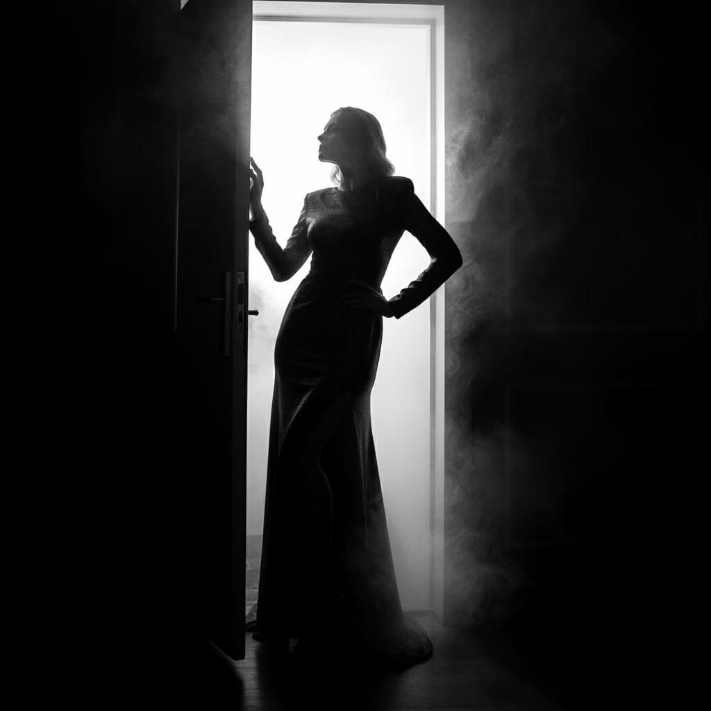 Elegant Evening Portrait in Dramatic Black and White