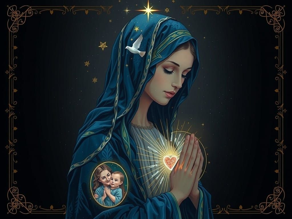 Serene Virgin Mary Double Exposure Illumination