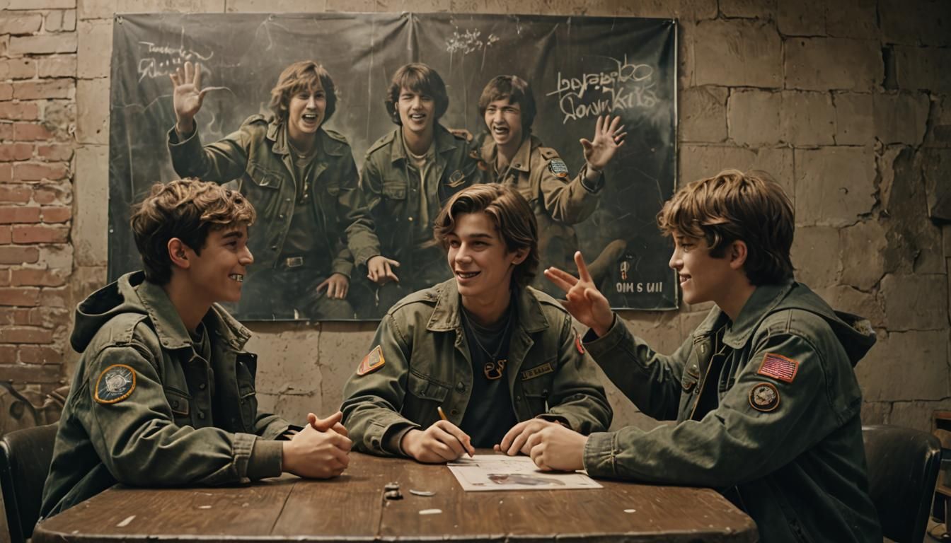 teenaged boys giving each other a High Five dressed in old army jackets