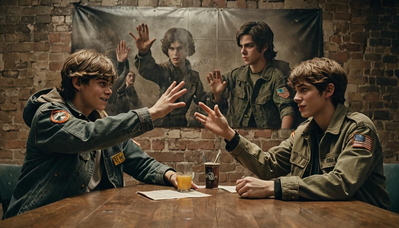 teenaged boys giving each other a High Five dressed in old army jackets