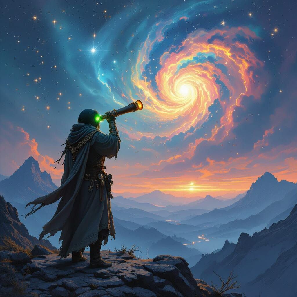 Astronomer Observes Nebula in Dark Fantasy Style