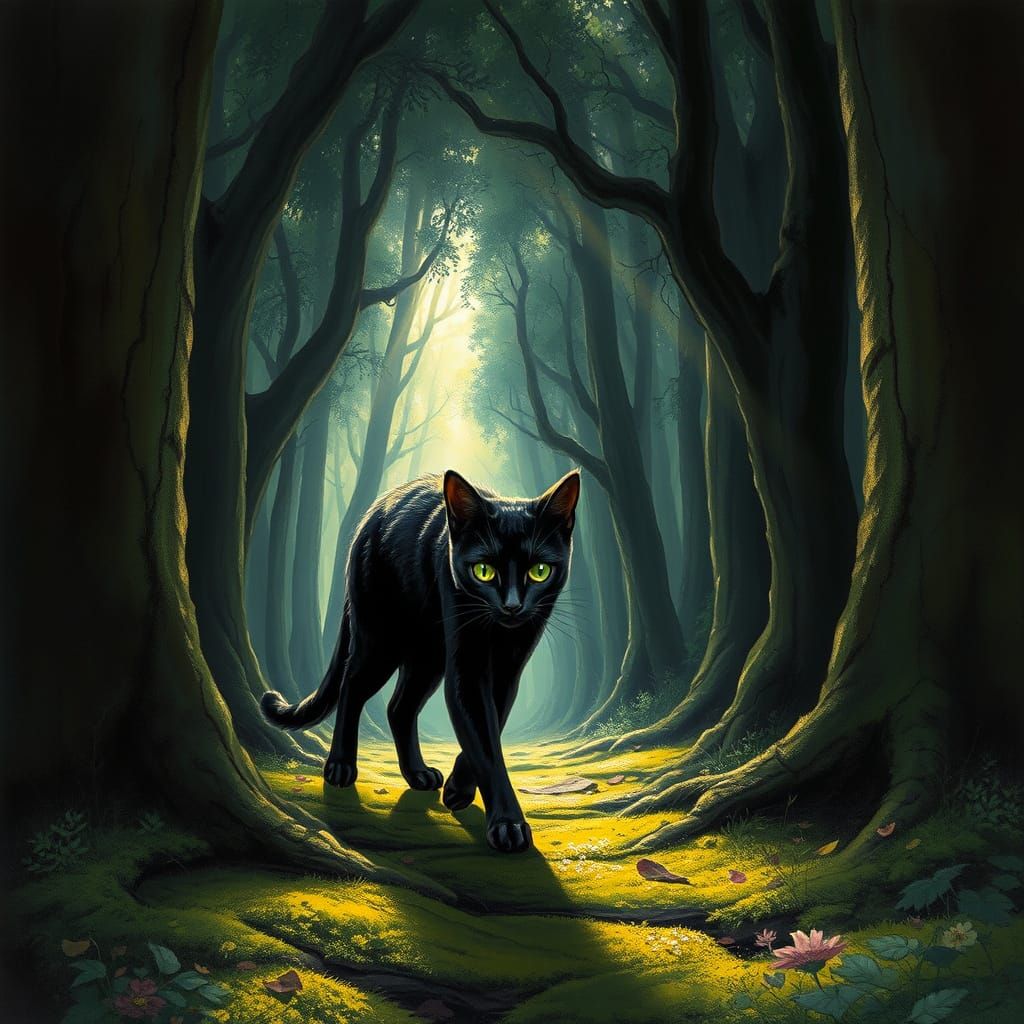 Mystical Black Cat in Enchanted Forest