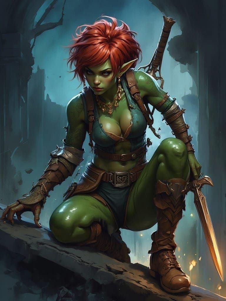 Goblin Assassin Crouching on Rooftop in Digital Painting Sty...