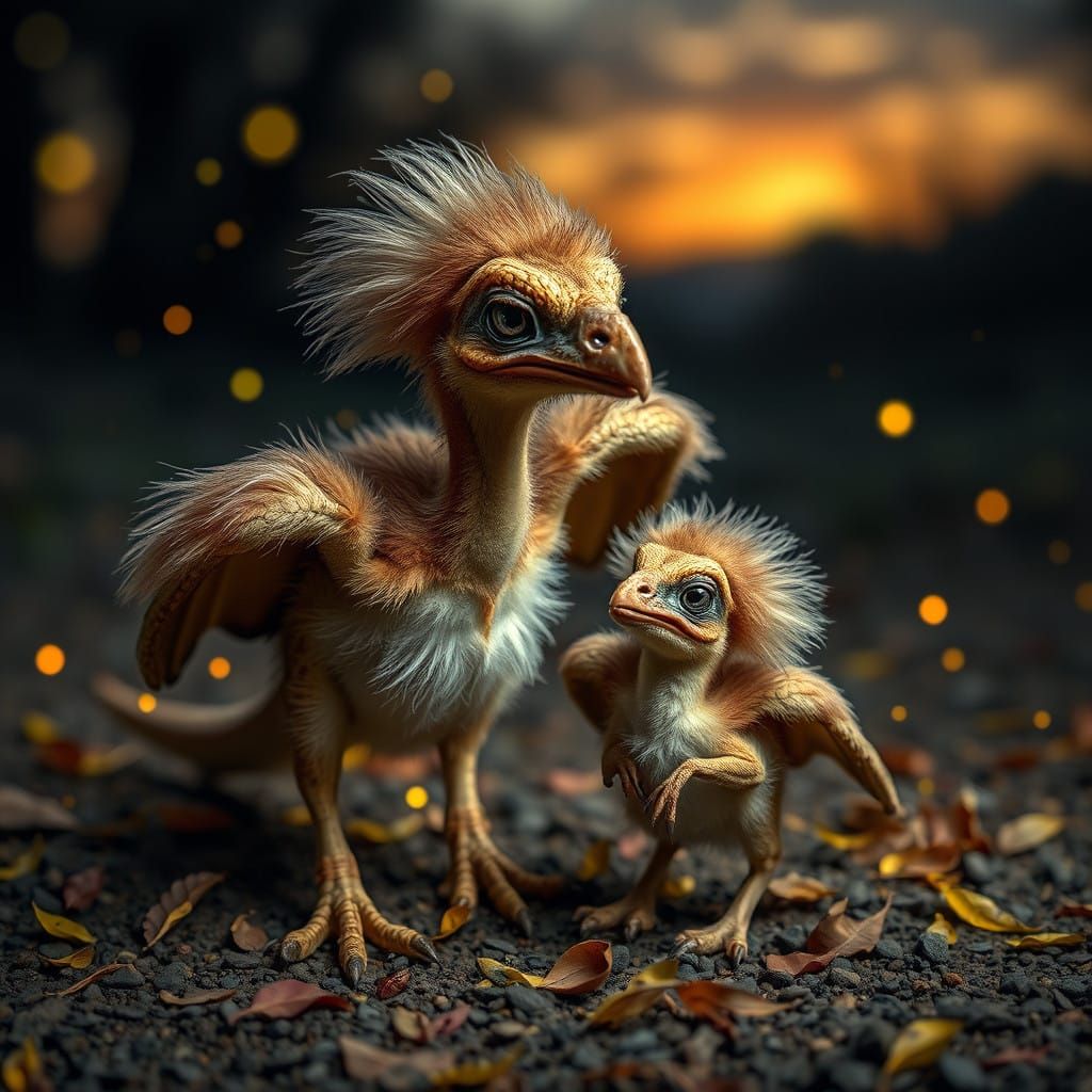 Cute Archaeopteryx Mother and Baby in Whimsical Prehistoric...