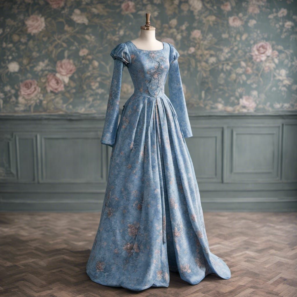 Long Blue Medieval Dress with Rose Pattern