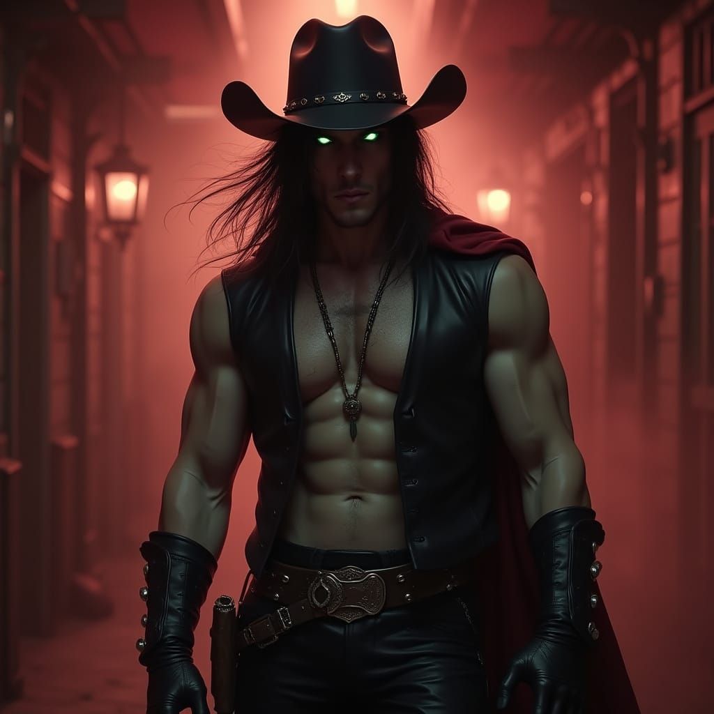 Vampire Cowboy in Foggy Saloon: Hyperrealistic Gothic Horror