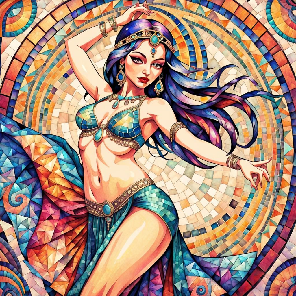 Psychedelic Mosaic Belly Dancer in Art Deco Style
