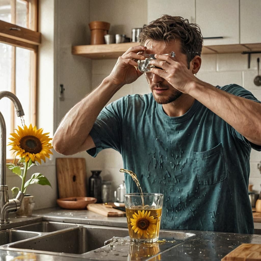 Washes the eye after getting hot sunflower oil.