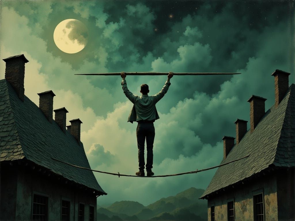 Ethereal Tightrope Walker in a Dark, Muted Landscape