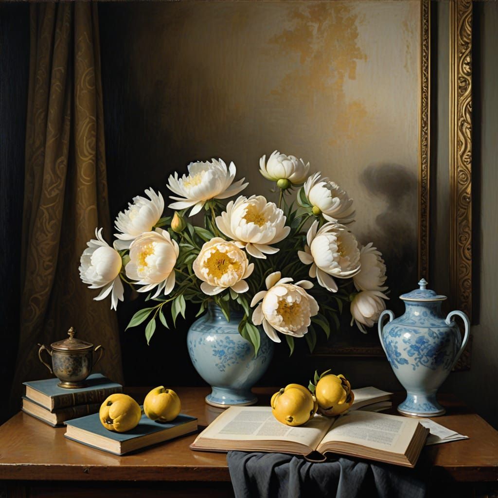 Post-Impressionist Oil Painting of Lush Still Life in Velvet...