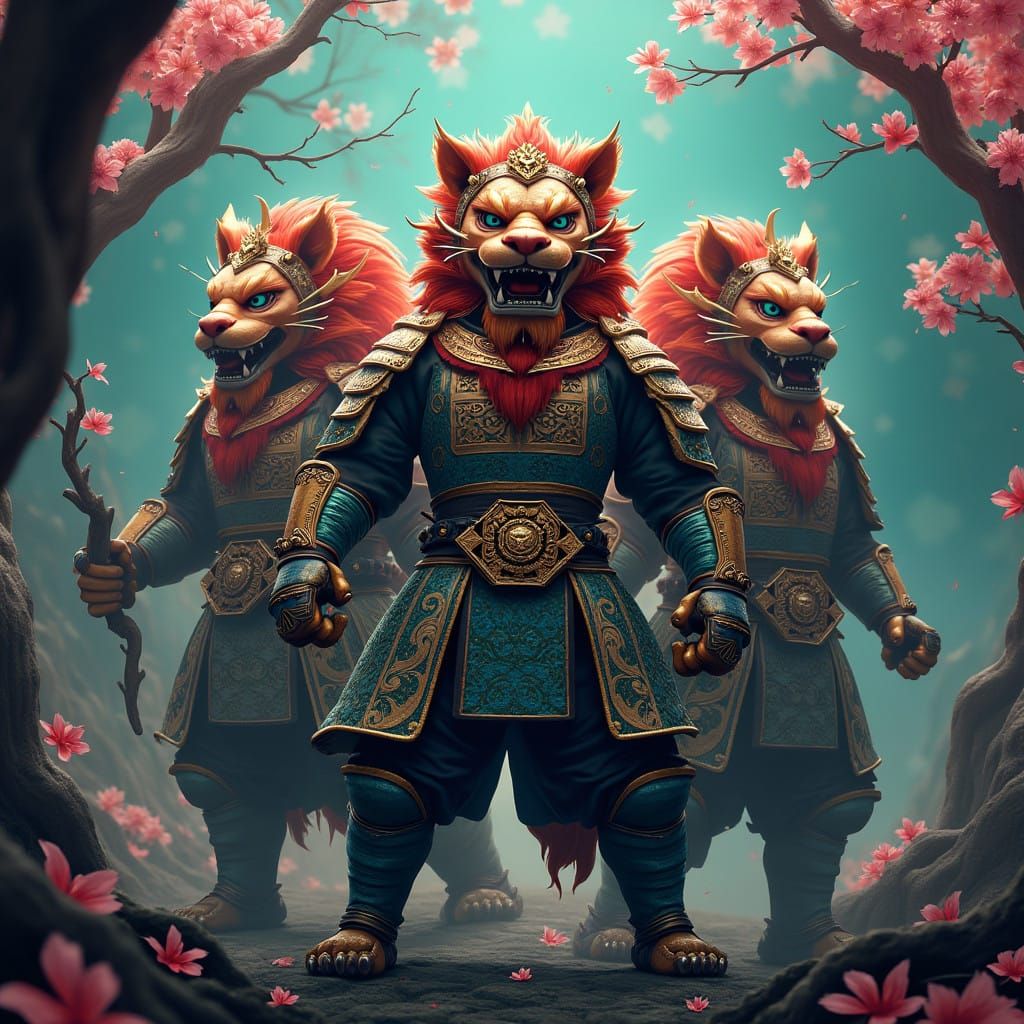 Majestic Lion Samurai Heroes with Intricate Mythical Armor