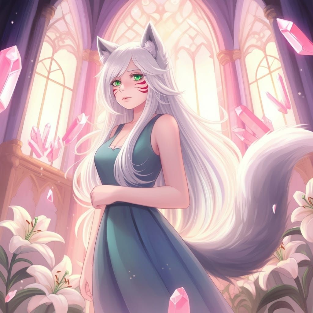 Kitsuwolfie in a Mystical Rose Quartz Garden