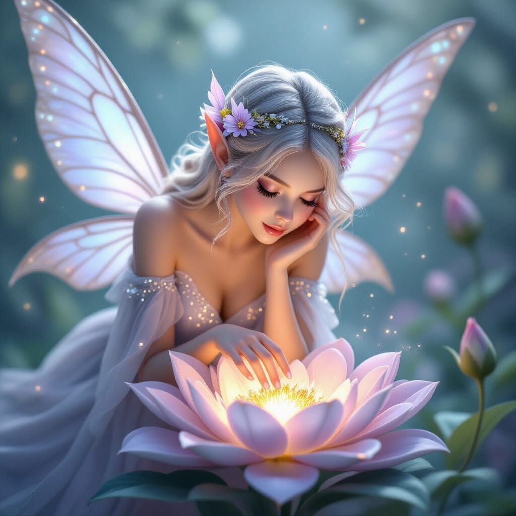Fairy with Glowing Flower in Dreamy Fantasy Art