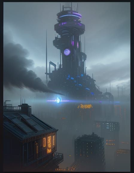 Steampunk Eye Engine in Cyberpunk Cityscape