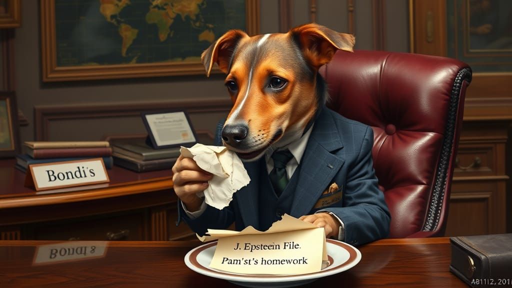 Anthropomorphic Dog Munching on File Pages, Photorealistic S...