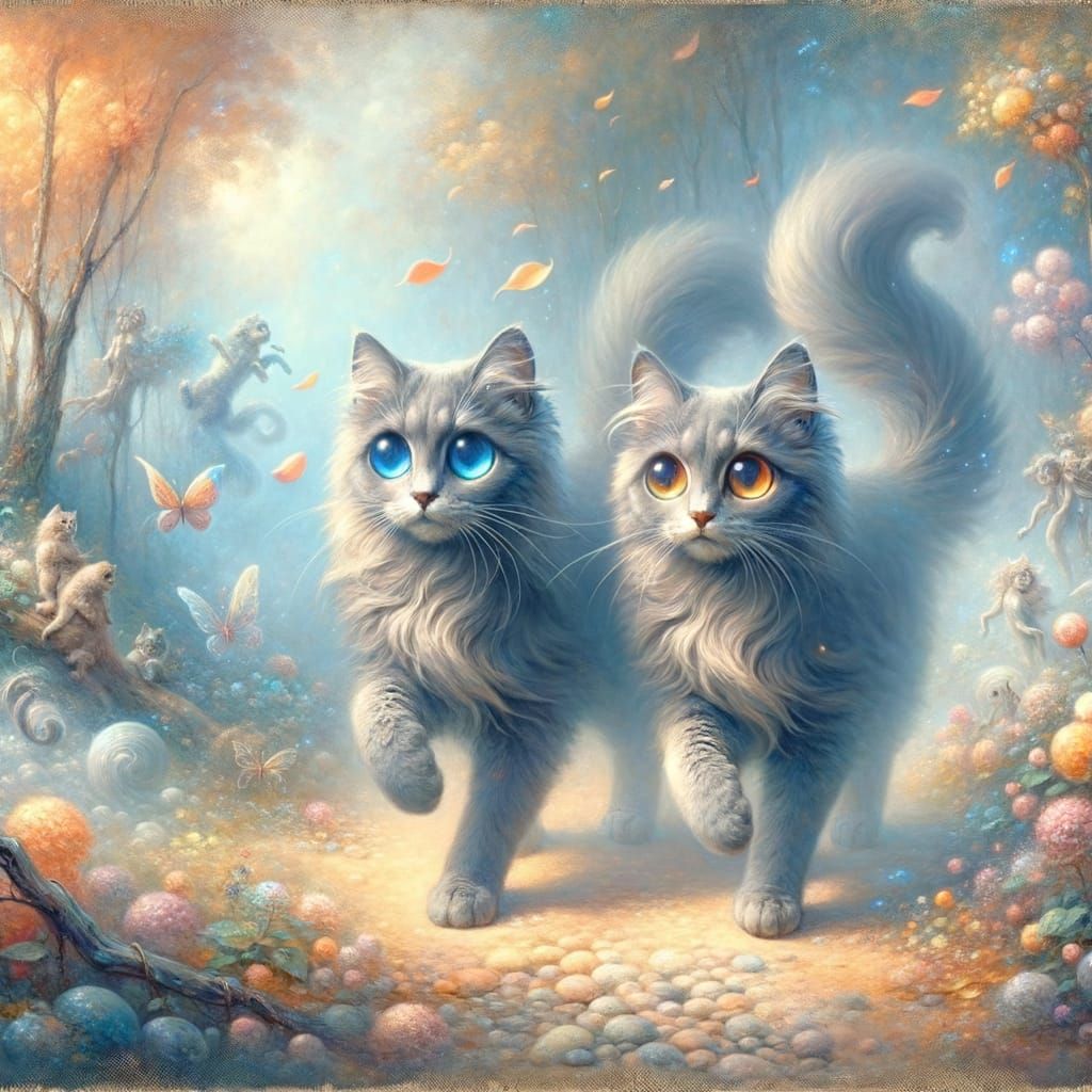 Whimsical Ghibli-Style Art of Two Russian Blue Cats in Encha...
