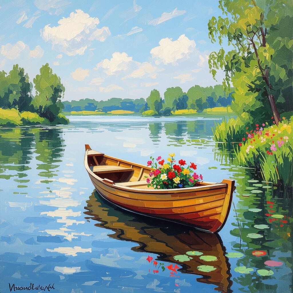 Flower Boat Drifting on Serene Lake