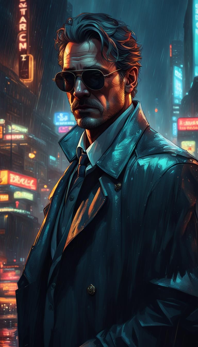 Neo Noir Detective in Cyber City at Night