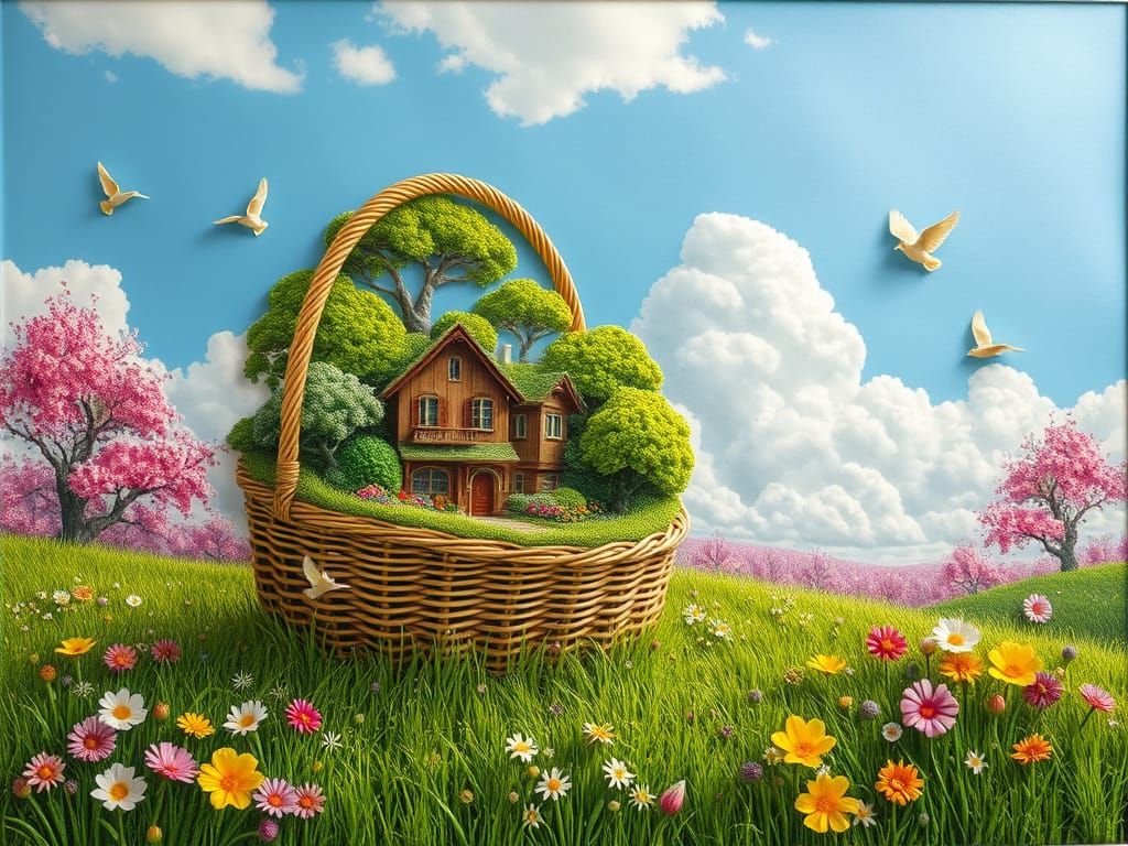 Spring Glade: Wicker Basket Meadow in Relief Art