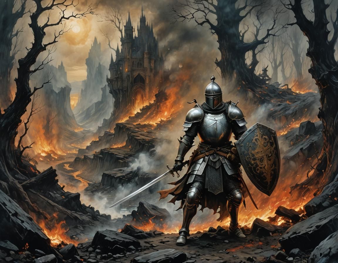 Knight in Fiery Valley: Arthur Rackham Style