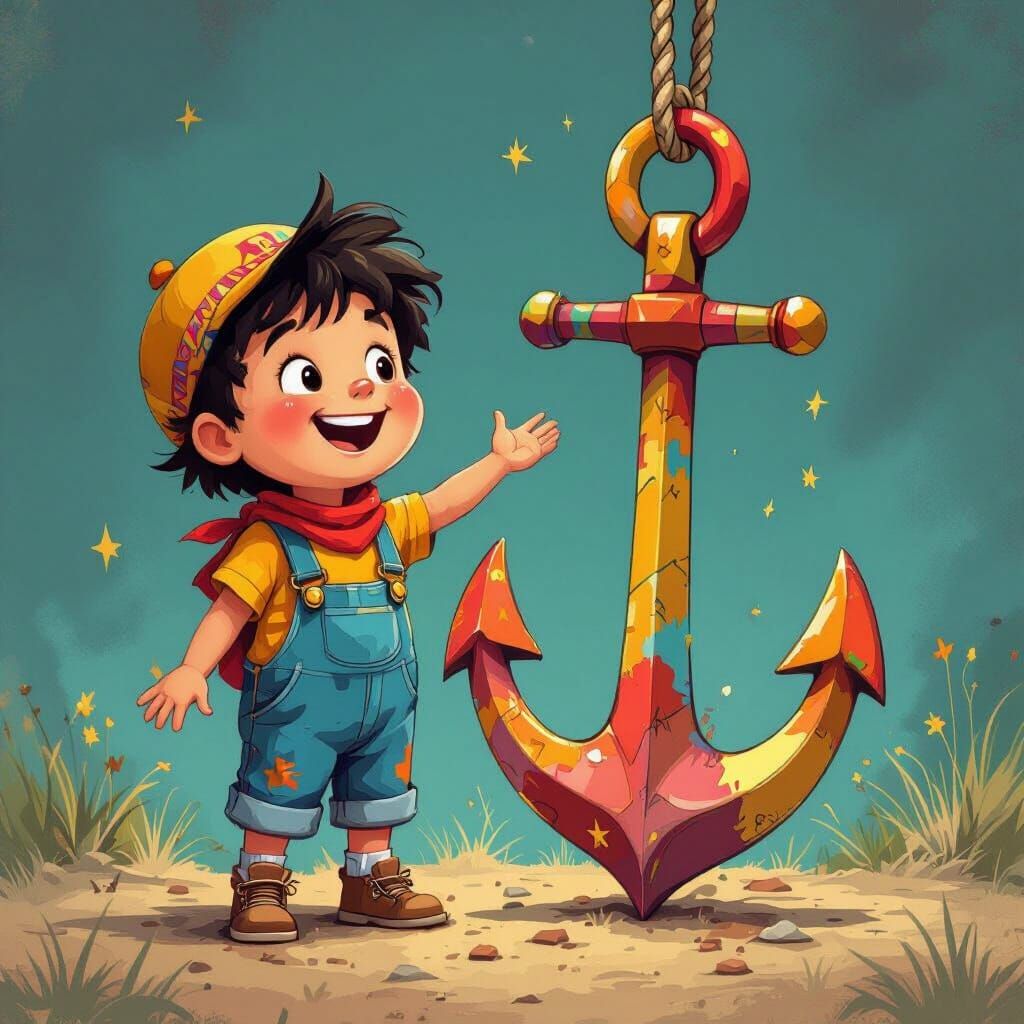 Joyful Child and Falling Anchor in Cartoon Style