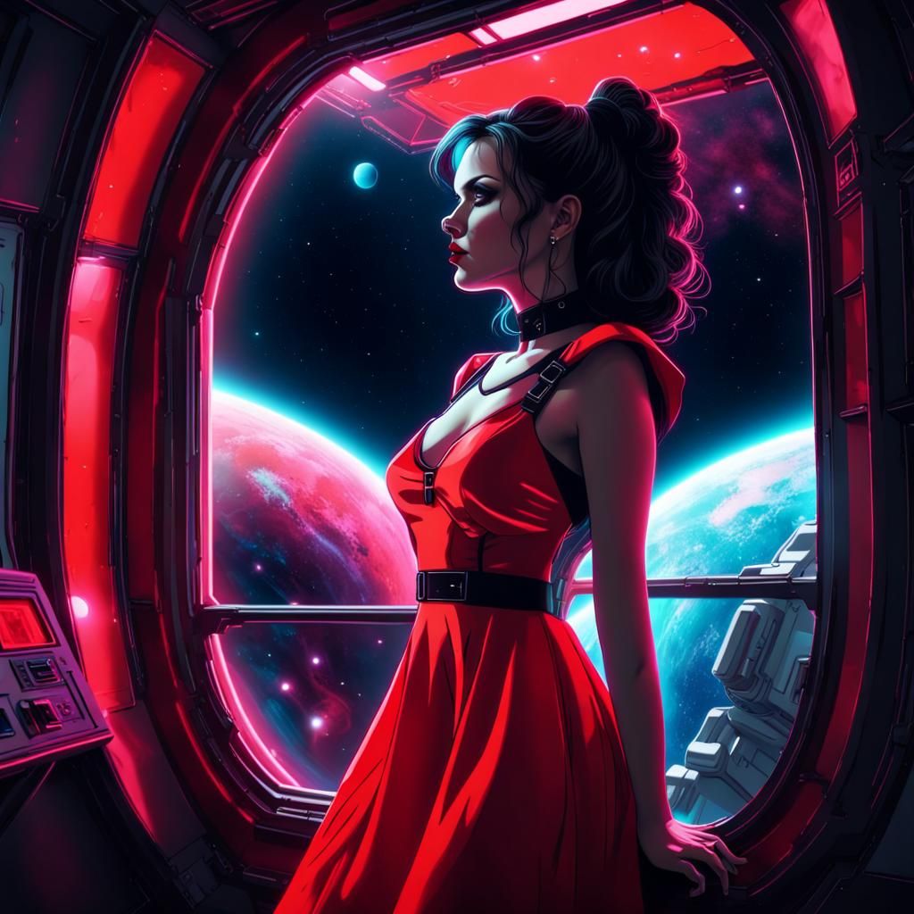 Gothic Woman Gazing at Neon Planet in Synthwave Style