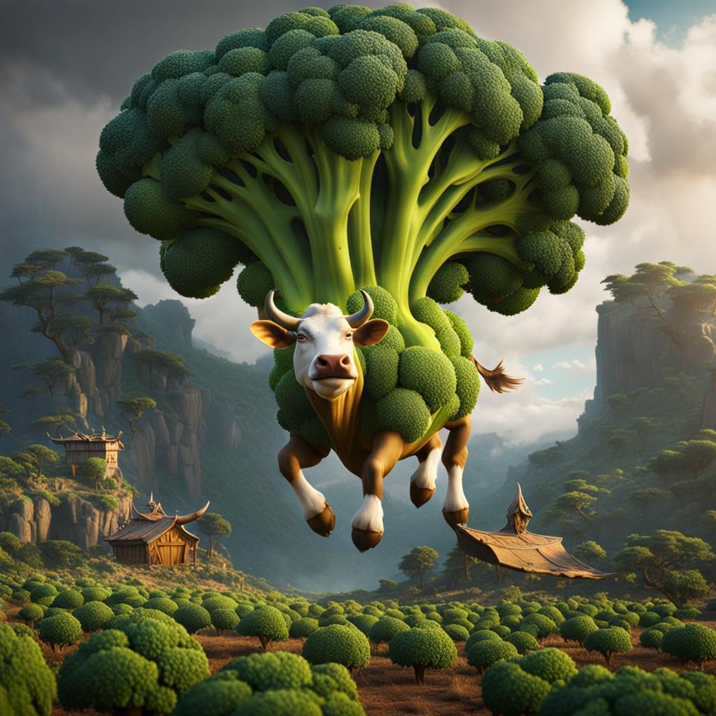 Flying Broccoli Cow: Detailed Fantasy Concept Art