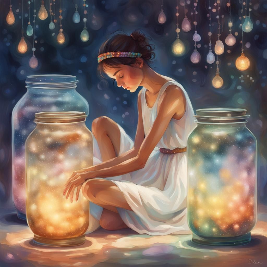 Dreamy Woman Between Jars: Mystical Whimsical Concept Art