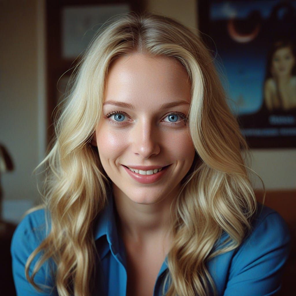 Blonde Pleiadian Commander Smiles in Surreal Sitting Room