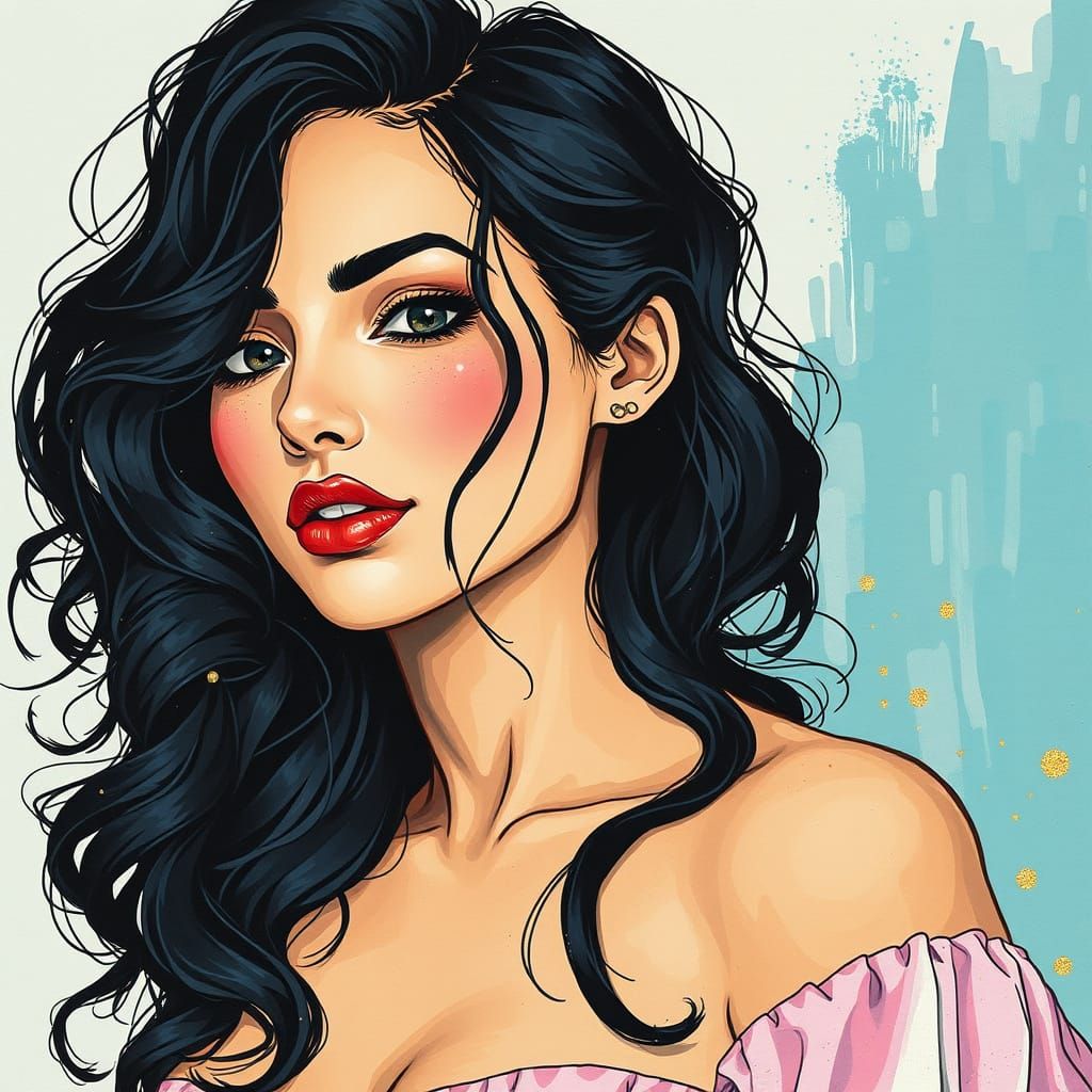 Sultry Curvy Woman in Pastel Watercolour Woodcut Style