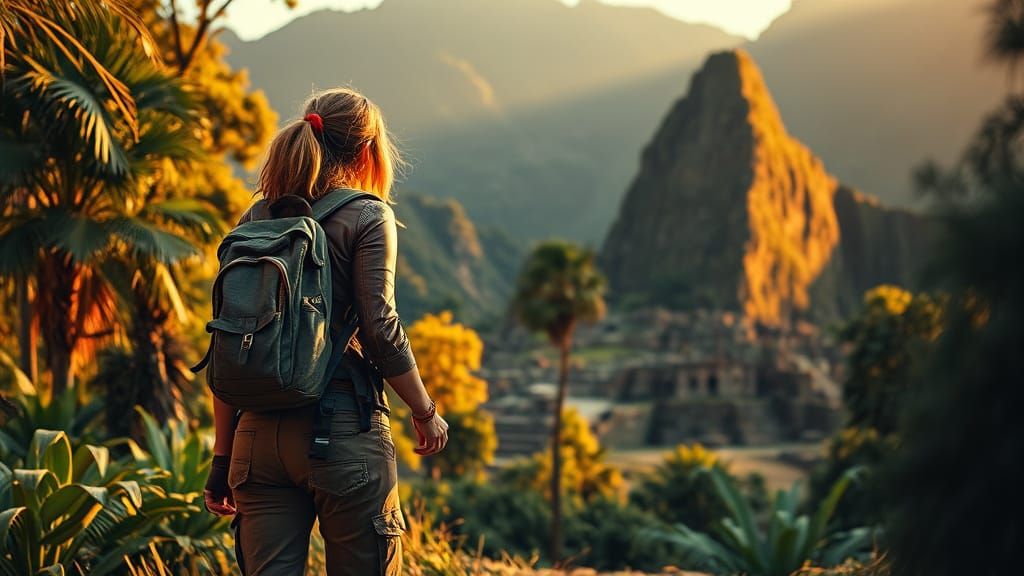 Female Explorer Approaches Inca Temple at Golden Hour