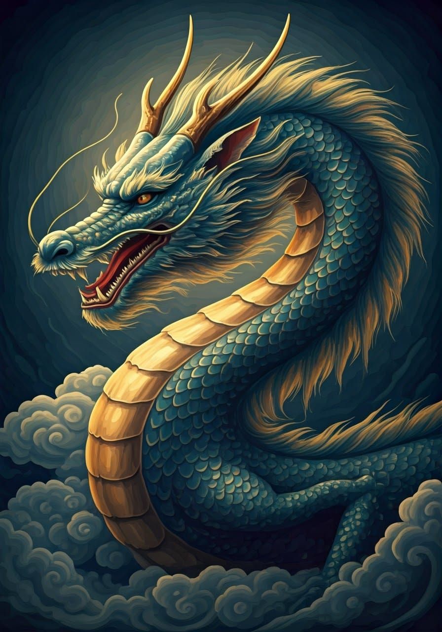 Iridescent Chinese Dragon Amidst Swirling Clouds