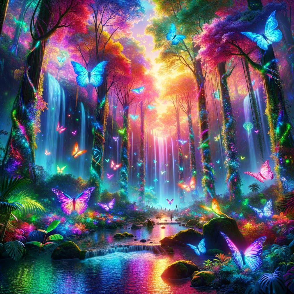 Prismatic Rainforest with Bioluminescent Flora and Fauna
