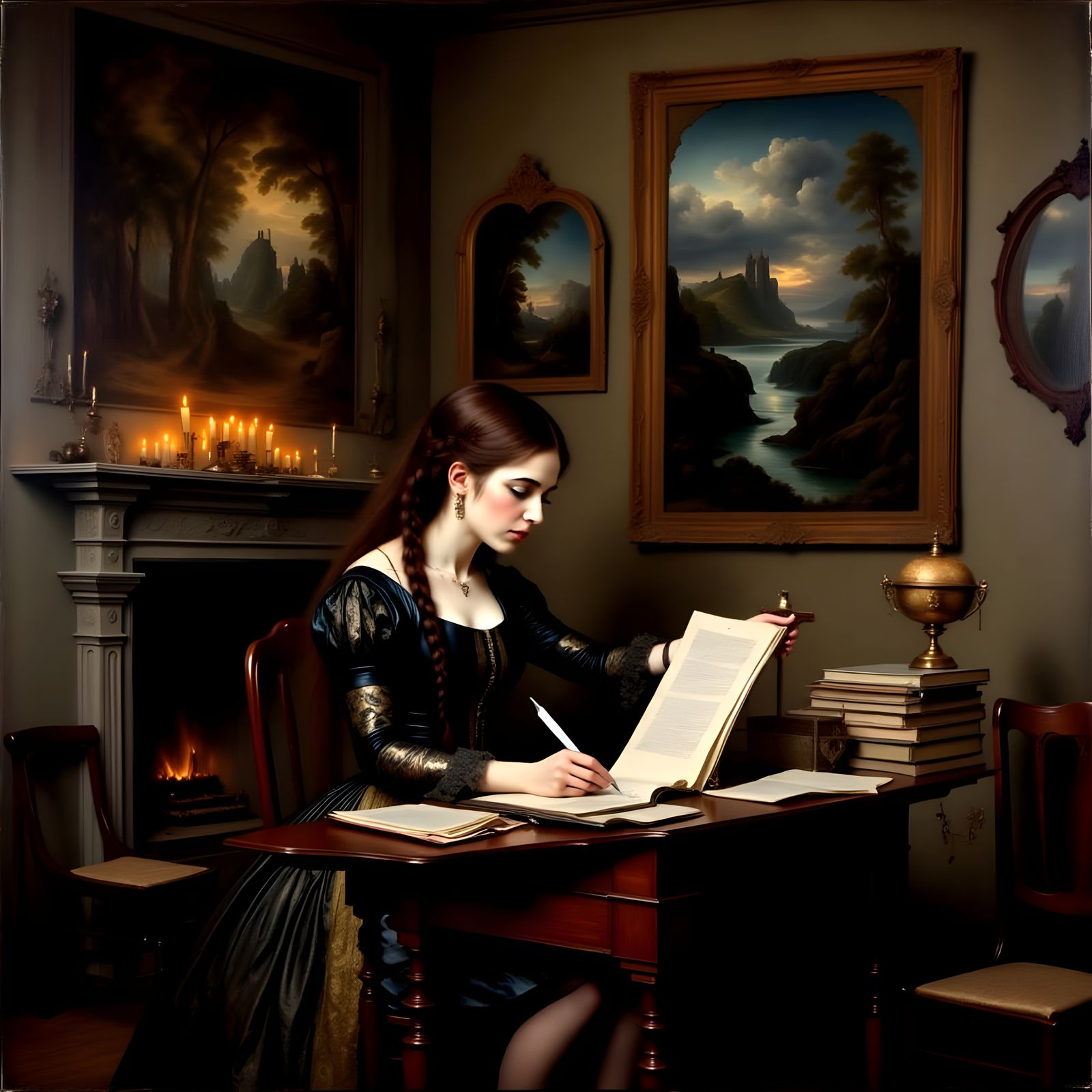 Spanish Renaissance Woman Writes Letter by Candlelight