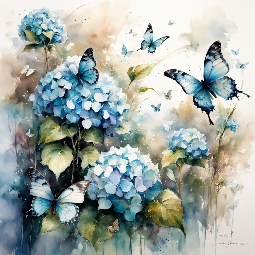 Hydrangeas and Butterflies in Soft Blue and Green Hues